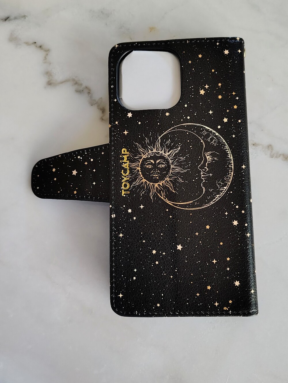 Toycamp Black Phone Carryall Open Flap Card Case With Gold Moon and Stars - Picture 6 of 9